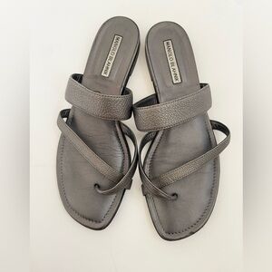 Manolo Blahnik Metallic Grey Lamb leather Susa Criss cross thong sandals flat 40